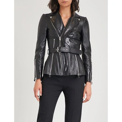 Shop Alexander Mcqueen Belted Leather And Snake-effect Jacket In Black/black