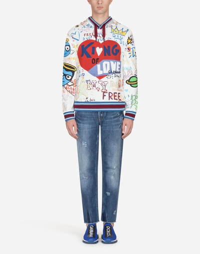 Shop Dolce & Gabbana Printed Cotton Sweatshirt With Hood In Multicolor