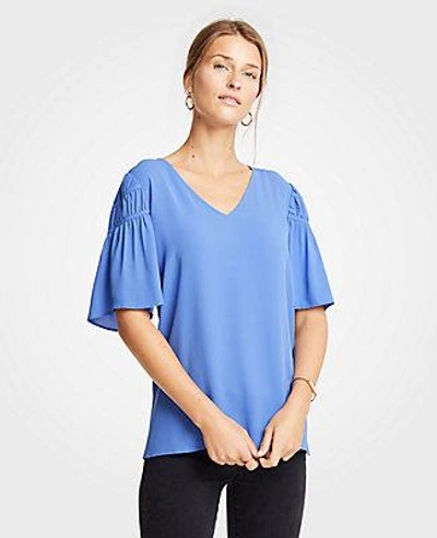 Shop Ann Taylor Shirred Sleeve Top In Blue Carribean