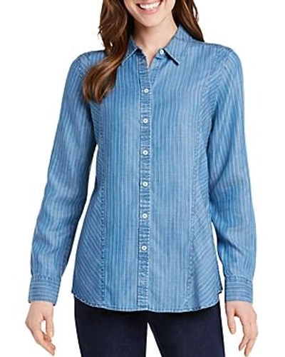 Shop Foxcroft Riley Pinstriped Chambray Top In Medium Blue