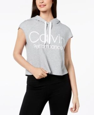 Shop Calvin Klein Performance Logo Sleeveless Cropped Hoodie In Pearl Grey Heather