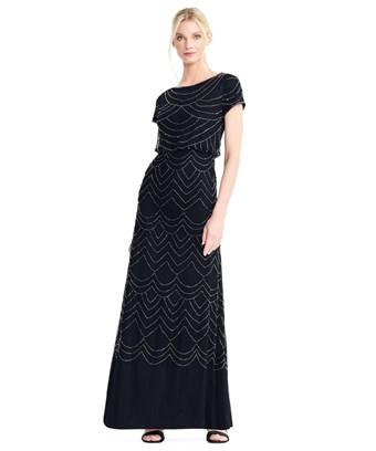 adrianna papell short sleeve beaded blouson gown