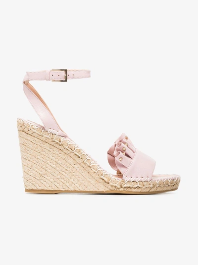 Shop Valentino Pink Ruffle Wedge Leather Sandals In Rosa&lila