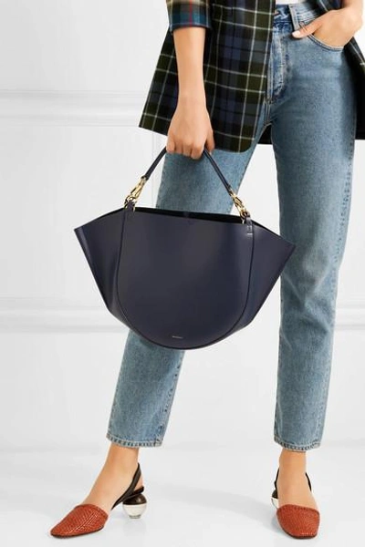 Shop Wandler Mia Medium Leather Tote In Midnight Blue