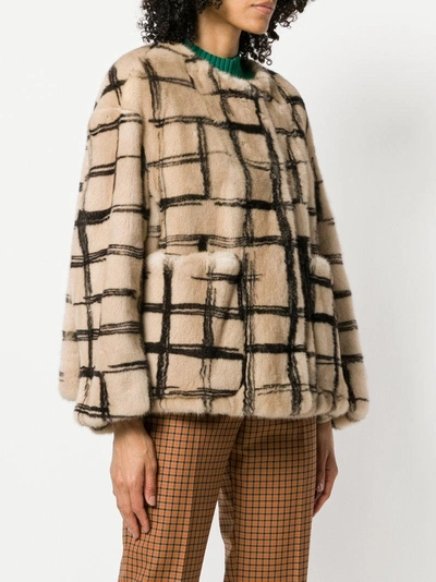 Shop Marni Abstract Check Fur Coat - Nude & Neutrals