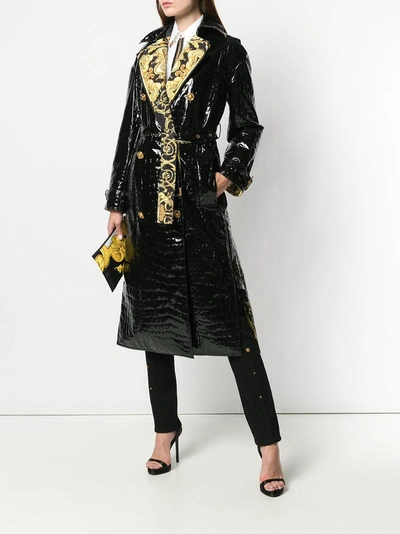 Shop Versace Mock Croc Vinyl Trench Coat - Black