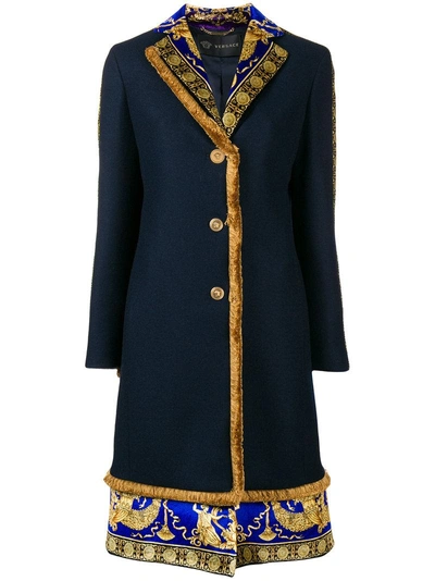 Shop Versace Signature Pillow Talk Trimmed Coat In Blue