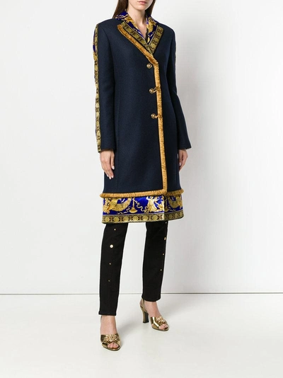 Shop Versace Signature Pillow Talk Trimmed Coat In Blue