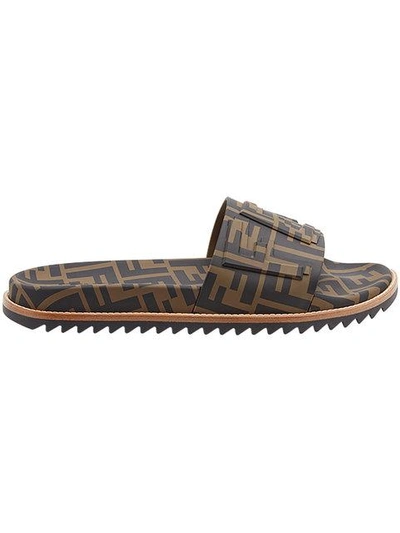 Shop Fendi All-over Ff Motif Slides In Brown