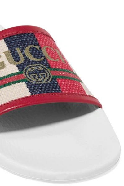 Shop Gucci Leather-trimmed Logo-print Canvas Slides In White
