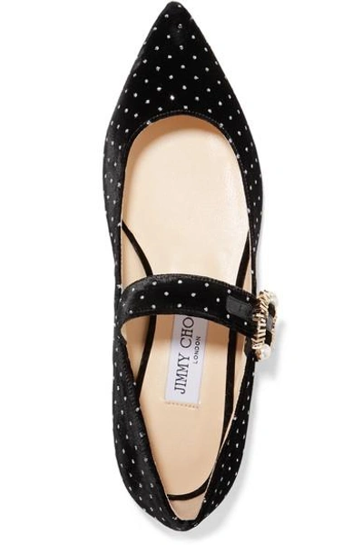 Shop Jimmy Choo Gianna Embellished Glittered Velvet Point-toe Flats In Black