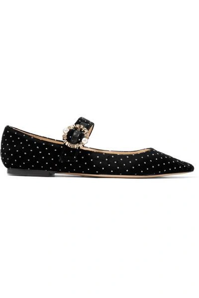 Shop Jimmy Choo Gianna Embellished Glittered Velvet Point-toe Flats In Black