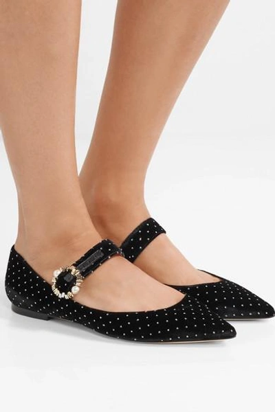 Shop Jimmy Choo Gianna Embellished Glittered Velvet Point-toe Flats In Black