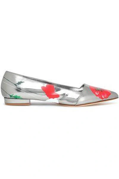 Shop Oscar De La Renta Woman Floral-print Mirrored Leather Slippers Silver