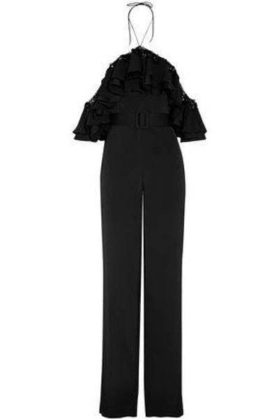 Shop Emilio Pucci Cold-shoulder Embellished Ruffled Satin Jumpsuit In Black
