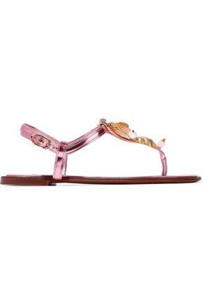 Shop Dolce & Gabbana Woman Embellished Metallic Leather Sandals Pink