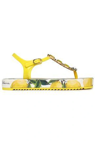 Shop Dolce & Gabbana Woman Crystal-embellished Rubber Sandals Yellow