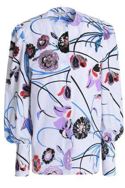 Shop Emilio Pucci Embellished Floral-print Stretch-cotton Poplin Shirt In White