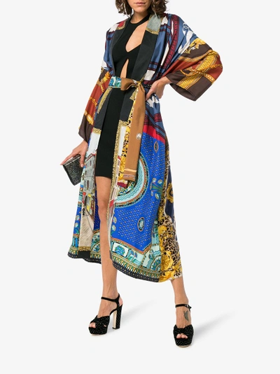 Shop Rianna + Nina Multicoloured Mixed Horse Print Silk Kimono Robe In Blue