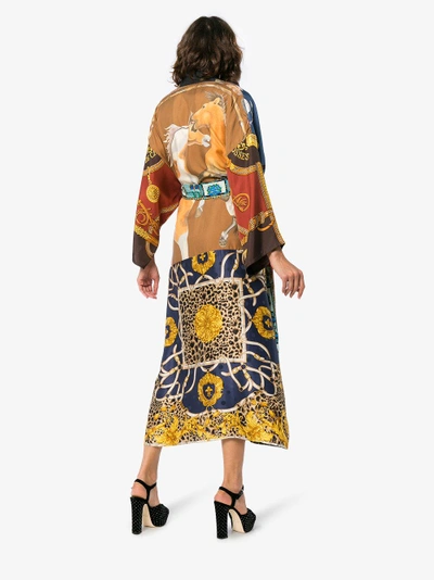 Shop Rianna + Nina Multicoloured Mixed Horse Print Silk Kimono Robe In Blue