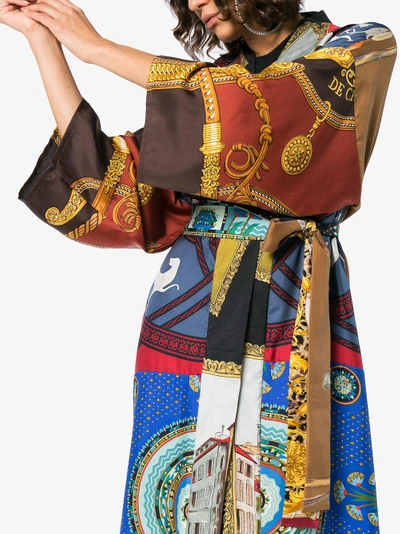 Shop Rianna + Nina Multicoloured Mixed Horse Print Silk Kimono Robe In Blue