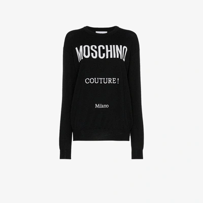 Shop Moschino Logo-knit Crew-neck Sweater In Black