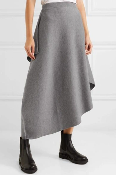 Shop Jw Anderson Asymmetric Merino Wool Midi Skirt In Gray