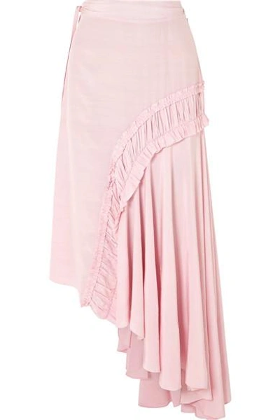 Shop Preen Line Gracia Asymmetric Shirred Crepe De Chine Midi Skirt In Baby Pink
