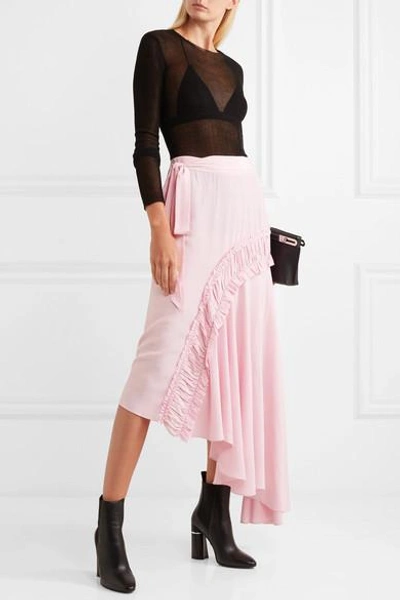 Shop Preen Line Gracia Asymmetric Shirred Crepe De Chine Midi Skirt In Baby Pink
