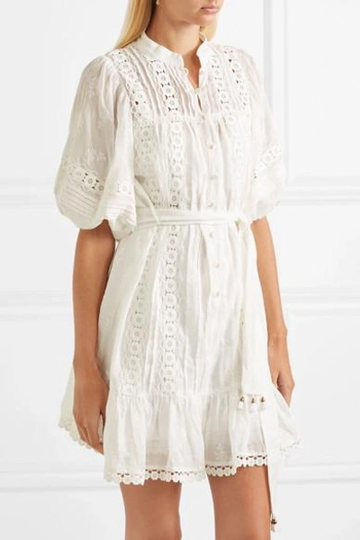 Shop Zimmermann Castile Crochet-paneled Embroidered Ramie Mini Dress In Ivory