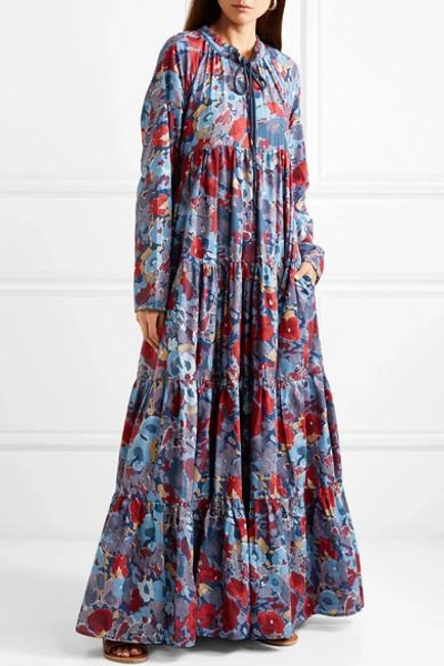 Shop Eywasouls Malibu Cora Tiered Floral-print Cotton-voile Maxi Dress In Blue