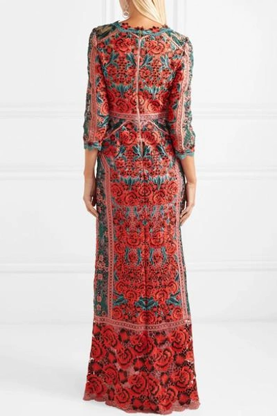 Shop Marchesa Notte Embroidered Guipure Lace And Tulle Gown In Red