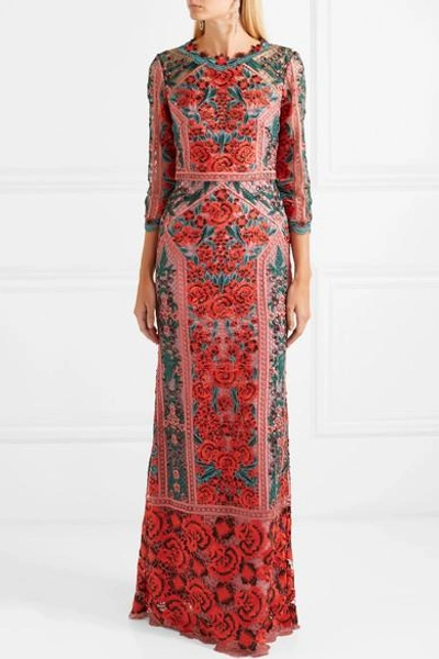 Shop Marchesa Notte Embroidered Guipure Lace And Tulle Gown In Red