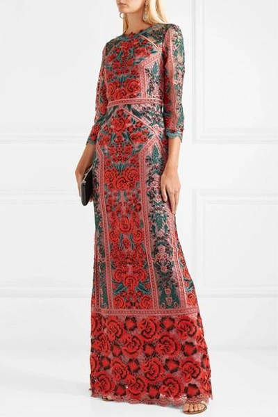 Shop Marchesa Notte Embroidered Guipure Lace And Tulle Gown In Red