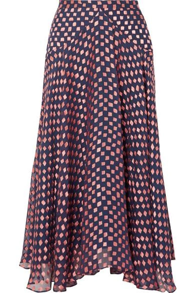 Shop Saloni Ida-b Fil Coupé Silk-blend Chiffon Midi Skirt In Navy