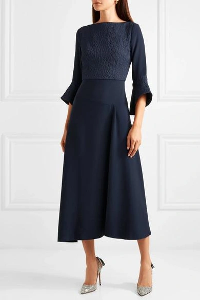 Shop Roland Mouret Hemming Cloqué And Crepe Midi Dress In Navy