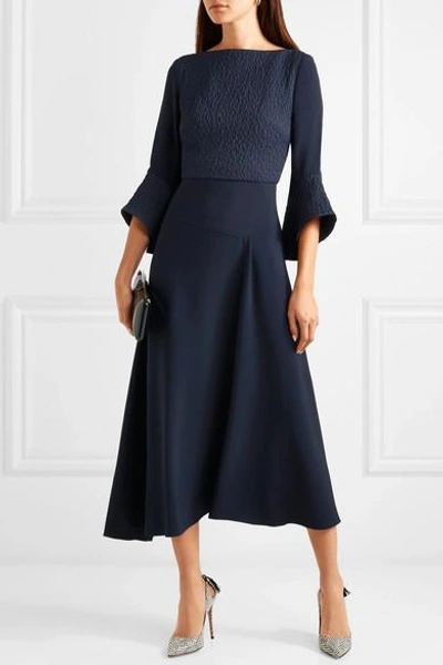 Shop Roland Mouret Hemming Cloqué And Crepe Midi Dress In Navy