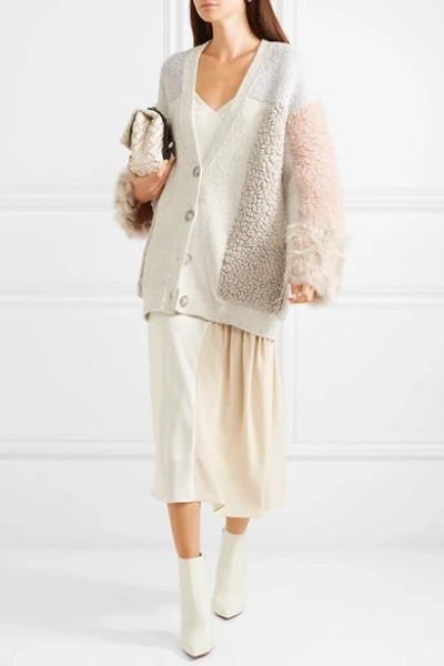 Shop Stella Mccartney Oversized Patchwork Cotton-blend And Faux Fur Cardigan In Ivory