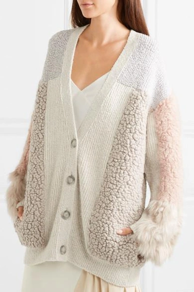 Shop Stella Mccartney Oversized Patchwork Cotton-blend And Faux Fur Cardigan In Ivory