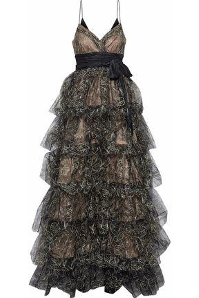 Shop Cinq À Sept Woman Silk Satin-paneled Tiered Embroidered Tulle Gown Black