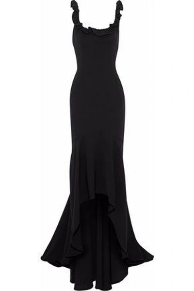 Shop Cinq À Sept Asymmetric Ruffle-trimmed Crepe Gown In Black