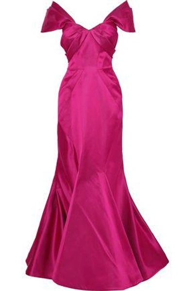 Shop Zac Posen Woman Off-the-shoulder Fluted Duchesse-satin Gown Bright Pink