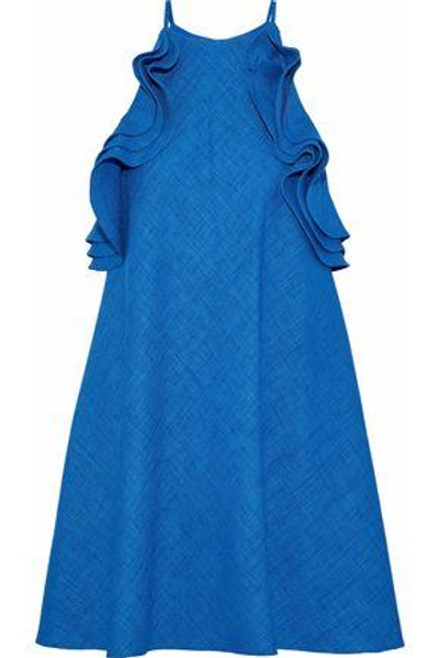 Shop Badgley Mischka Woman Ruffle-trimmed Woven Mini Dress Blue