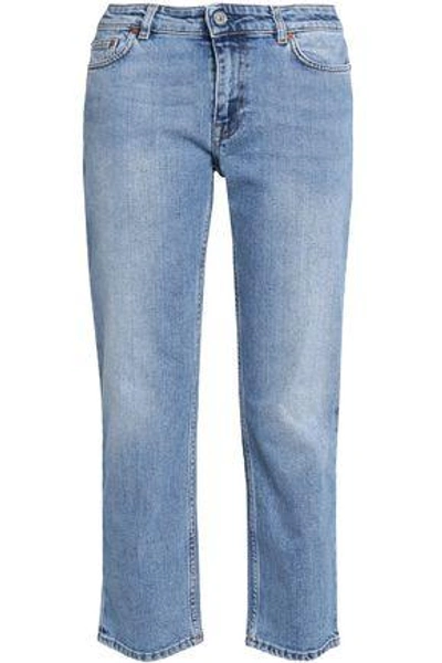 Shop Acne Studios Woman Cropped Faded Mid-rise Slim-leg Jeans Mid Denim