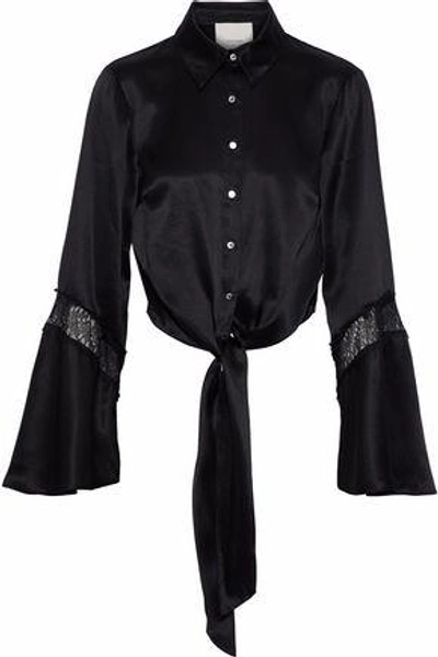 Shop Cinq À Sept Woman Genevieve Tie-front Chantilly Lace-trimmed Silk-satin Shirt Black