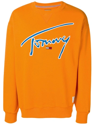 Shop Tommy Jeans Signature Logo Sweatshirt In Orange