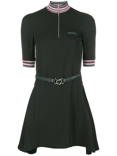 Shop Prada Short Belted Dress In Black