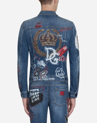 Shop Dolce & Gabbana Printed Denim Jacket With Patch In Blue