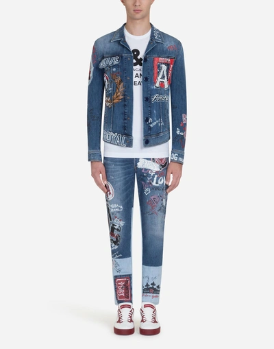 Shop Dolce & Gabbana Printed Denim Jacket With Patch In Blue