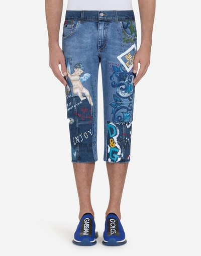 Shop Dolce & Gabbana Short Printed Jeans With Patch In Blue